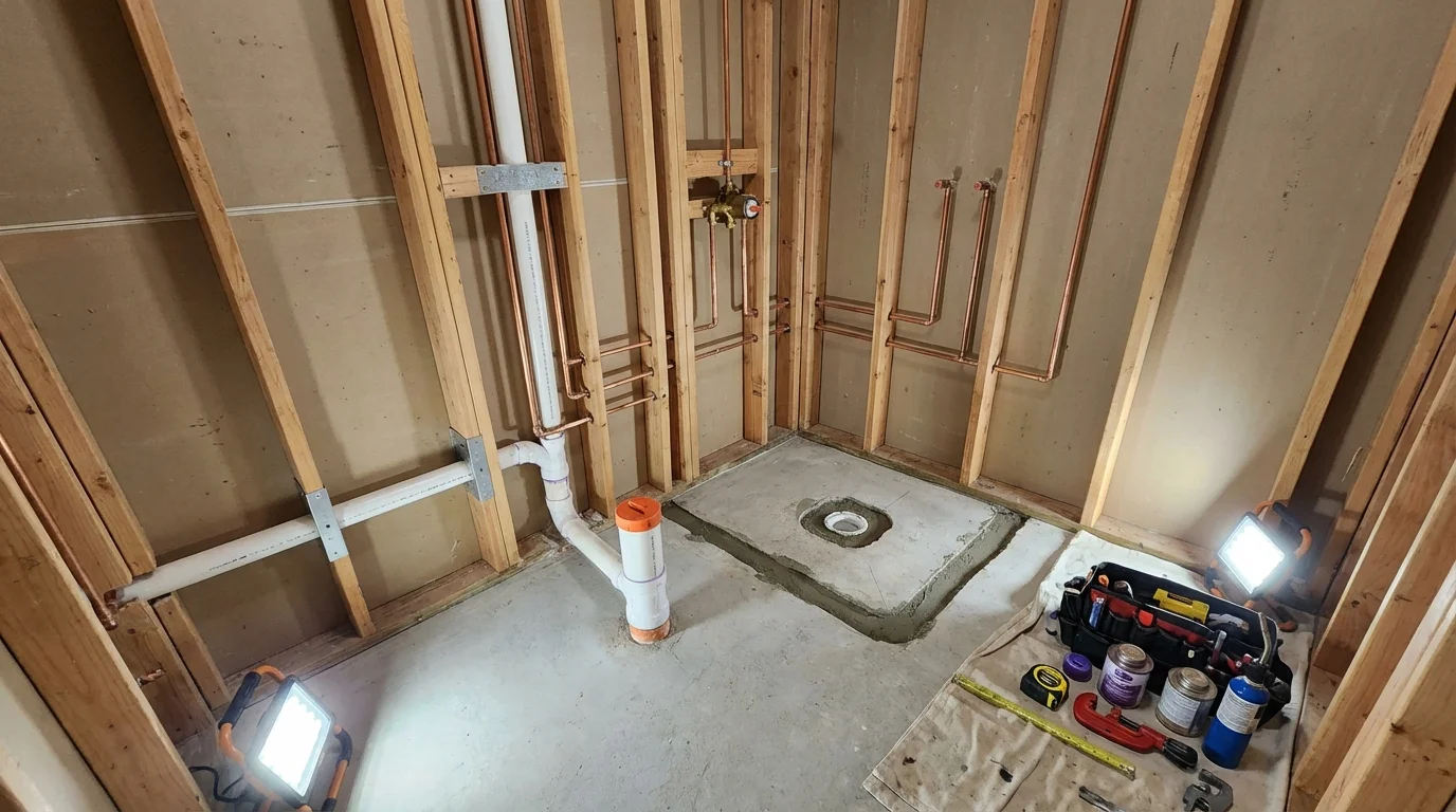 Bathroom rough-in plumbing during remodel by Johns Plumbing LLC in Teague