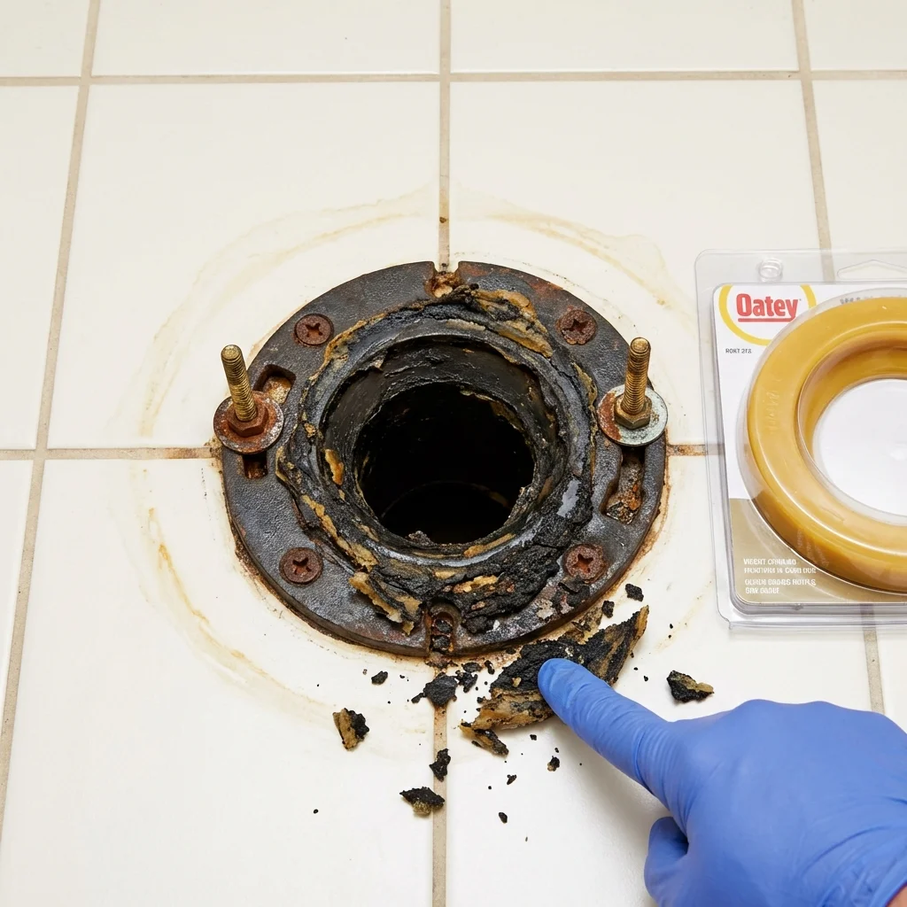Failed wax ring showing water seepage at the base of a toilet in a Teague, TX home