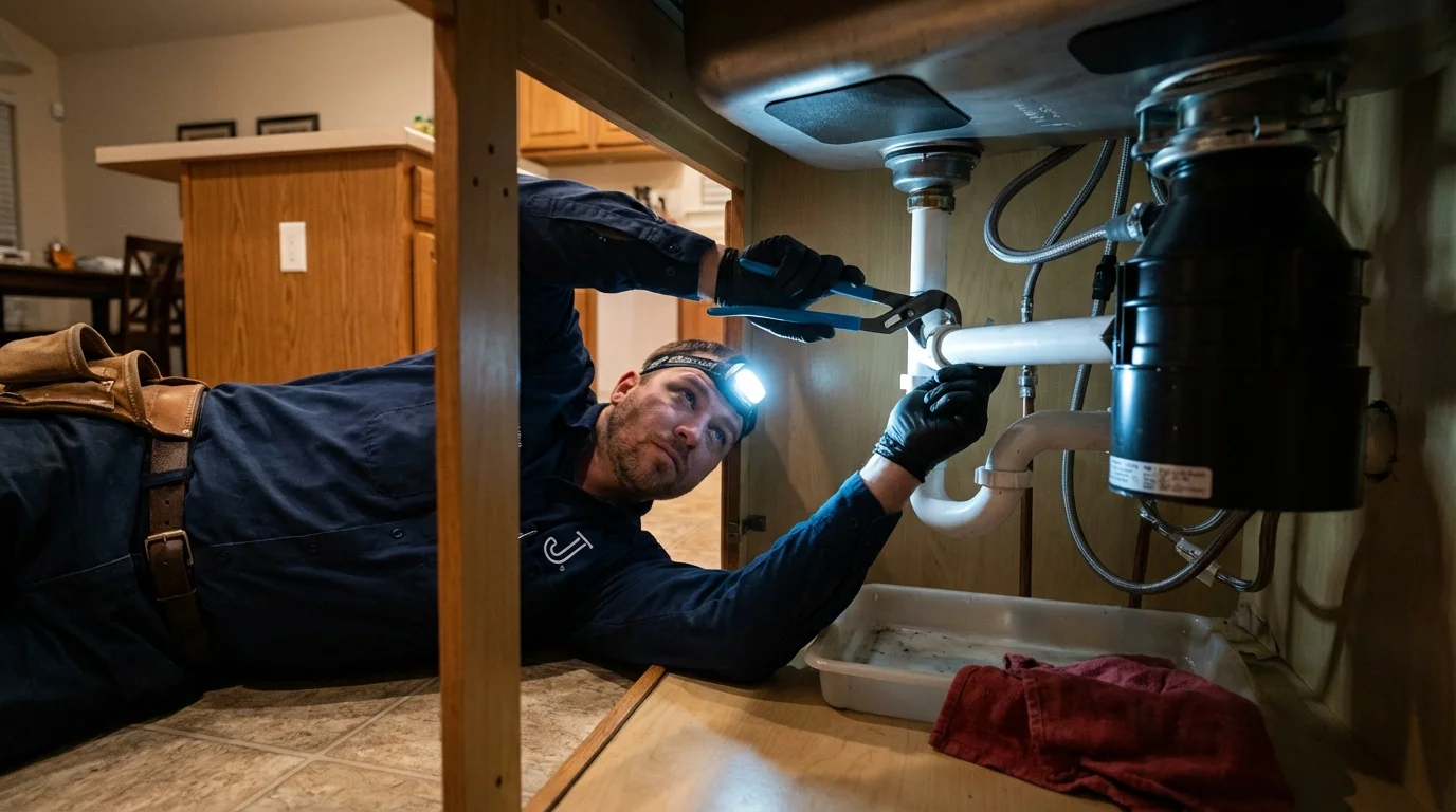 P-trap and supply line connections under a kitchen sink showing a common leak point in Teague, TX